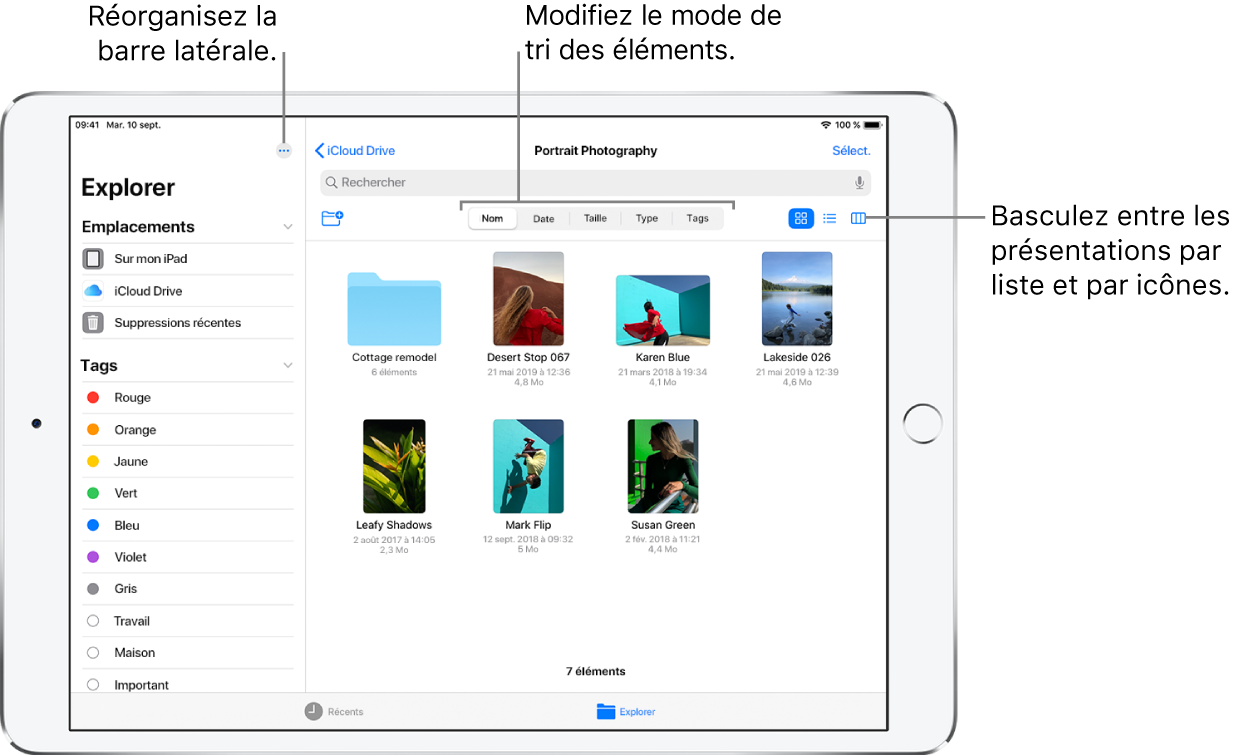 Un emplacement iCloud Drive affichant des boutons pour réorganiser la barre latérale, pour trier en fonction du nom, de la date, de la taille et des tags, et pour basculer entre la présentation par liste et la présentation par icônes.