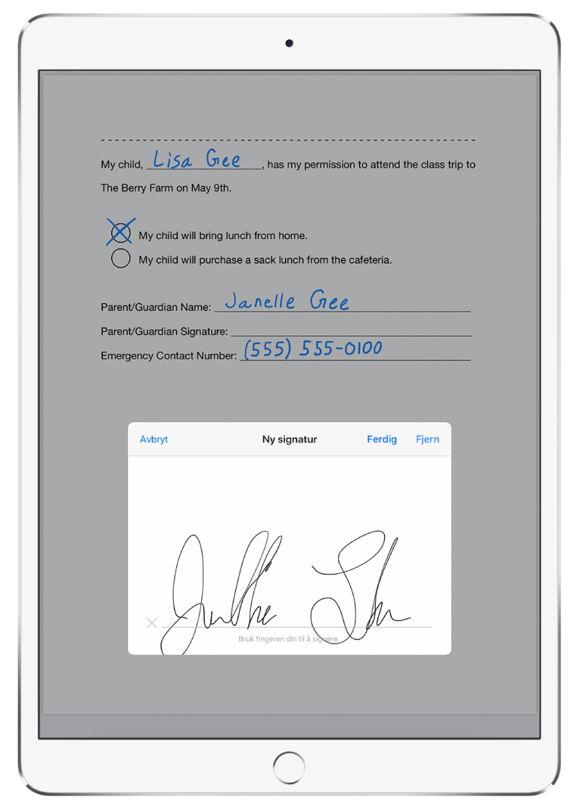 En ny signatur legges til i en PDF med Apple Pencil. Bak det nye signaturvinduet vises en lapp som gir et barn lov til å bli med på en klassetur.