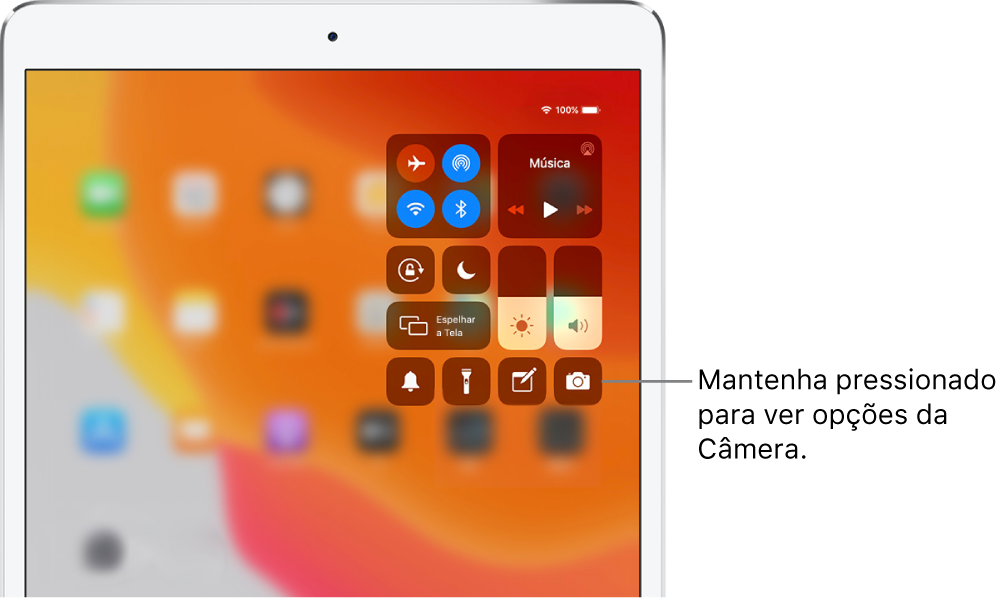 Controles do modo avião, dados celulares, Wi‑Fi e Bluetooth no grupo superior esquerdo da Central de Controle em modelos Wi-Fi + Cellular de iPad. Uma chamada para o controle da Câmera diz para manter o ícone da Câmera pressionado (na parte inferior direita) para ver mais opções da Câmera.