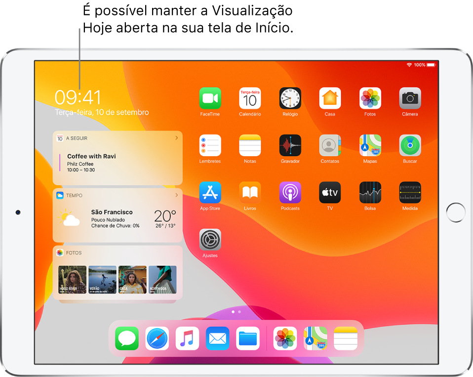 Tela de Início com os widgets da Visualização Hoje fixados na tela de Início ao lado dos ícones dos apps, incluindo os widgets Seguintes, Tempo e Fotos.