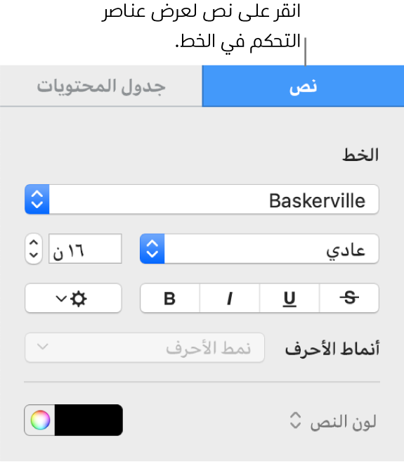 الشريط الجانبي "التنسيق" وبه علامة التبويب "نص" محددة وعناصر التحكم في الخط لتغيير الخط وحجم الخط وإضافة أنماط أحرف.