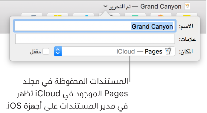مربع الحوار "حفظ" لمستند مع Pages—iCloud في القائمة المنبثقة "المكان".