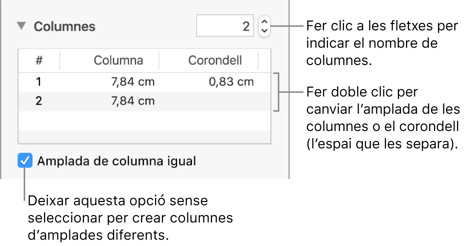 Tauler Disposició de l’inspector de format, amb els controls de les columnes.