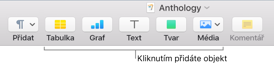 Panel nástrojů Pages s tlačítky Tabulka, Graf, Text, Tvar a Média.