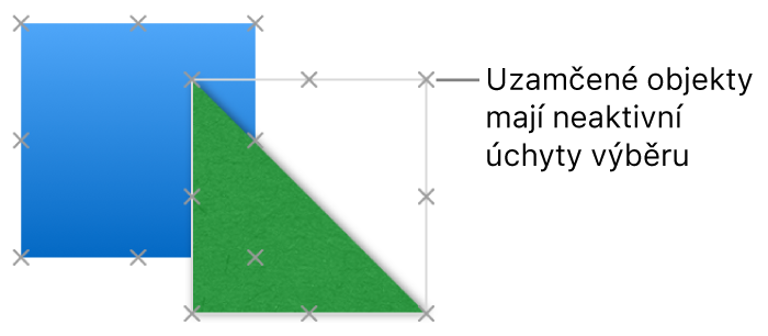 Uzamčené objekty s šedě zobrazenými úchyty výběru