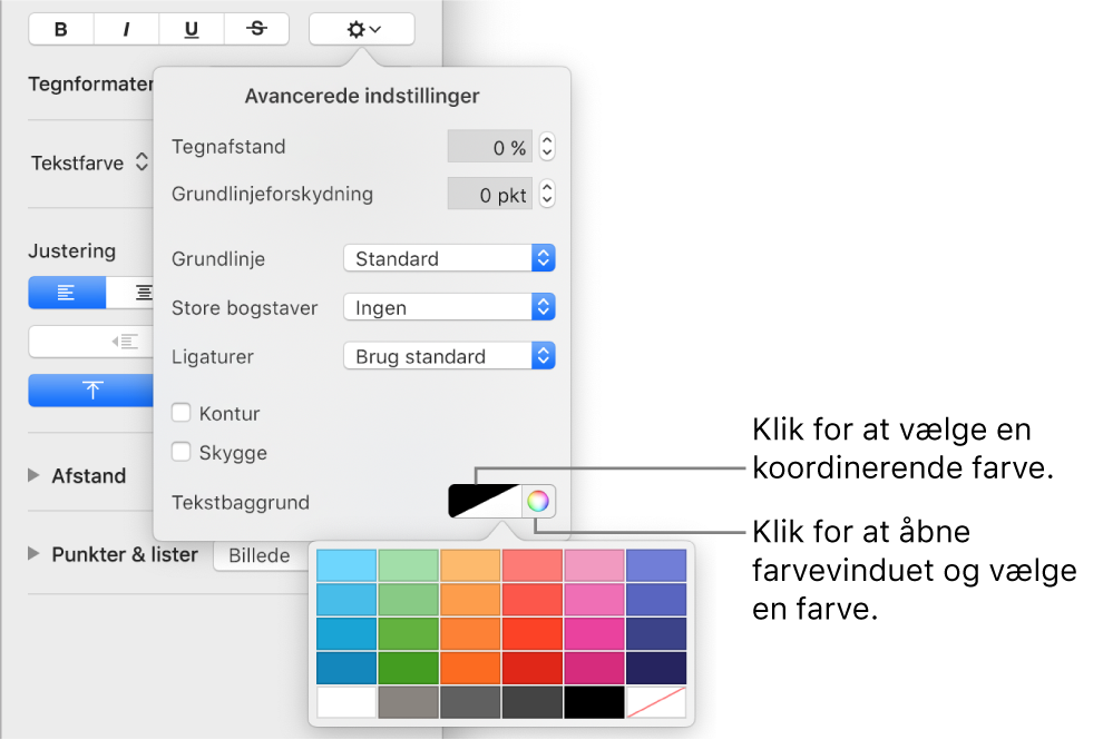 Betjeningsmuligheder til valg af en baggrundsfarve til tekst.