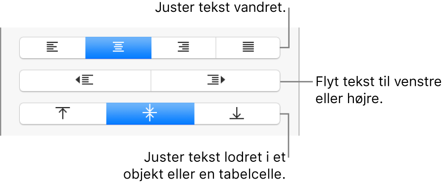Justering i Info om format med knapper til vandret og lodret justering af tekst og knapper til at flytte tekst til venstre eller højre.