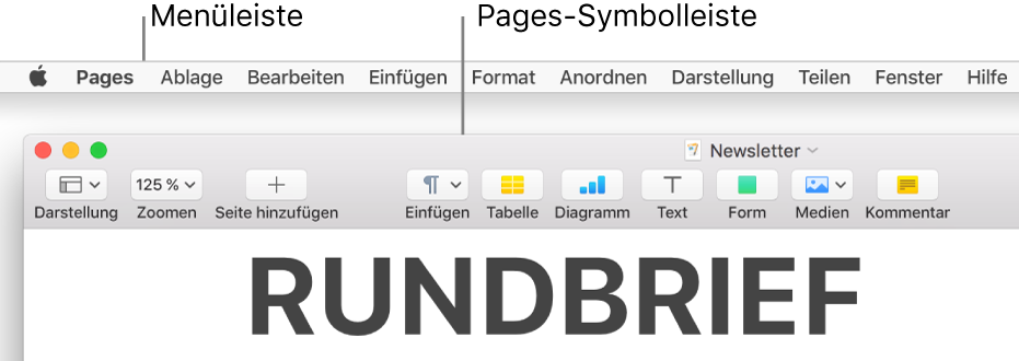 Die Menüleiste mit dem Menü „Apple“ und dem Menü „Pages“ oben links und darunter die Pages-Symbolleiste mit Tasten für Darstellung und Zoomen oben links