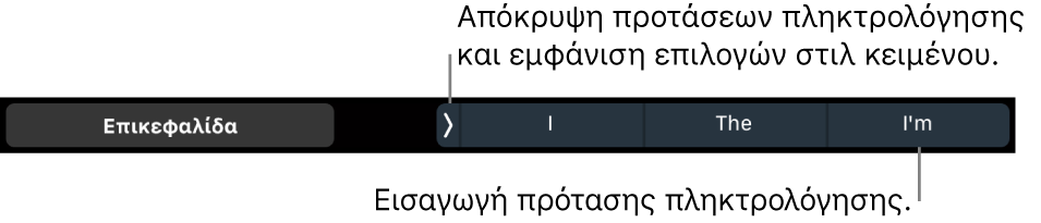 Το Touch Bar στο MacBook Pro με χειριστήρια για επιλογή ενός στιλ κειμένου, απόκρυψη προτάσεων πληκτρολόγησης και εισαγωγή προτάσεων πληκτρολόγησης.