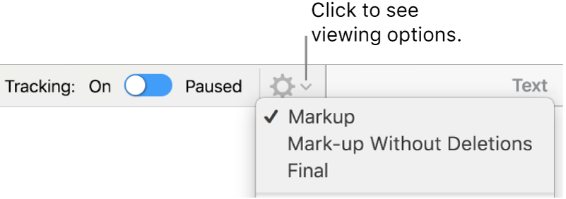The review options menu showing Markup, Markup Without Deletions and Final.