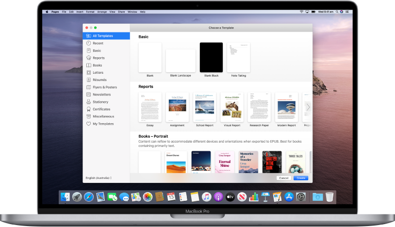 A MacBook Pro with the Pages template chooser open on the screen. The All Templates category is selected on the left and pre-designed templates appear on the right in rows by category.