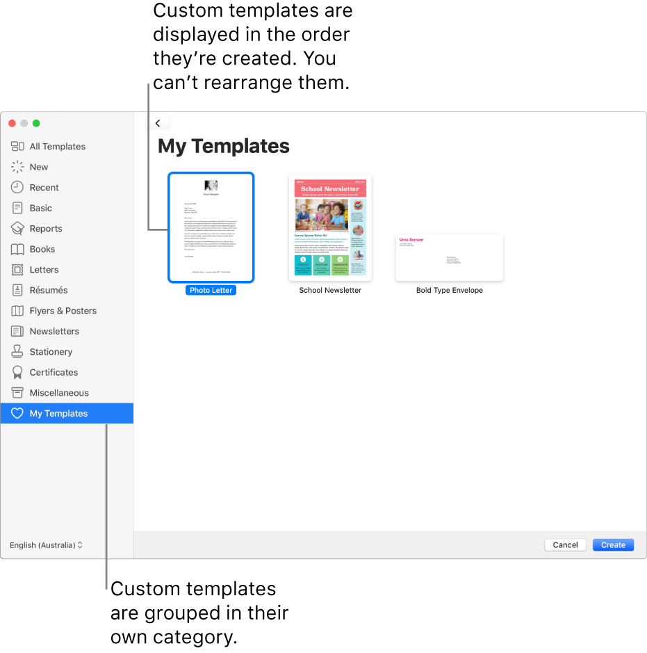 The template chooser with My Templates as the last category on the left. Custom templates are displayed in the order they’re created and can’t be rearranged.