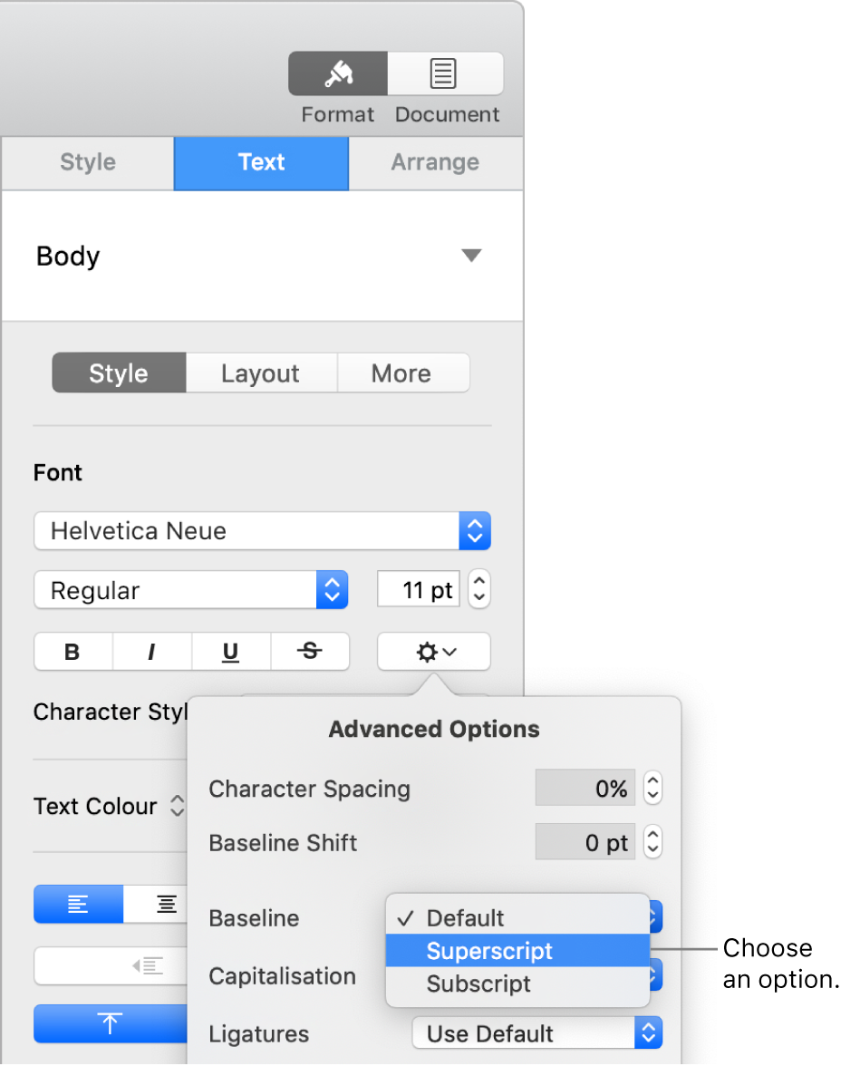 The Advanced Options menu with the Baseline pop-up menu open and showing Default, Superscript and Subscript menu items.