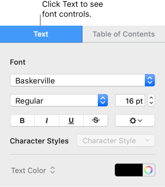 The Format sidebar with the Text tab selected and font controls for changing the font, font size, and adding character styles.