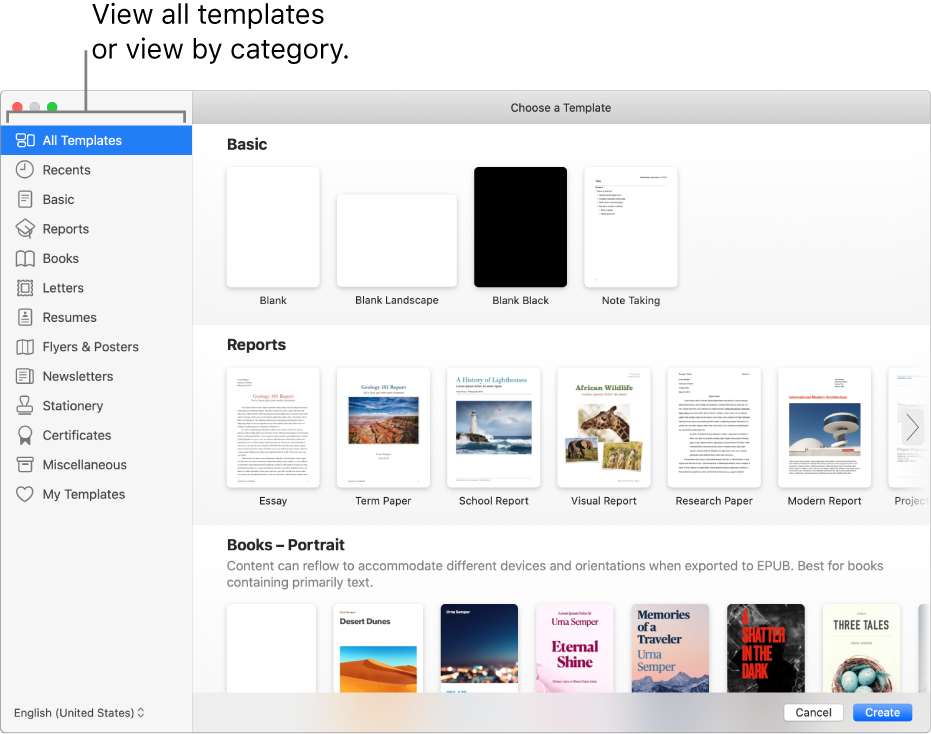 The template chooser. A sidebar on the left lists template categories you can click to filter options. On the right are thumbnails of predesigned templates arranged in rows by category, starting with Basic at the top and followed by Reports and Books—Portrait. The Language and Region pop-up menu is in the bottom-left corner, and Cancel and Create buttons are in the bottom-right corner.