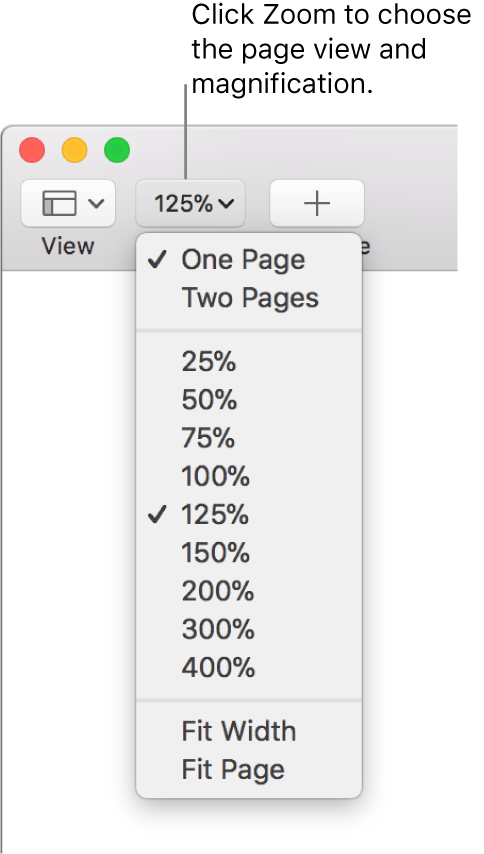 The Zoom pop-up menu with options to view one page and two pages at the top, percentages ranging from 25% through 400% below, and Fit Width and Fit Page at the bottom.
