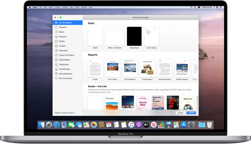 A MacBook Pro with the Pages template chooser open on the screen. The All Templates category is selected on the left and predesigned templates appear on the right in rows by category.