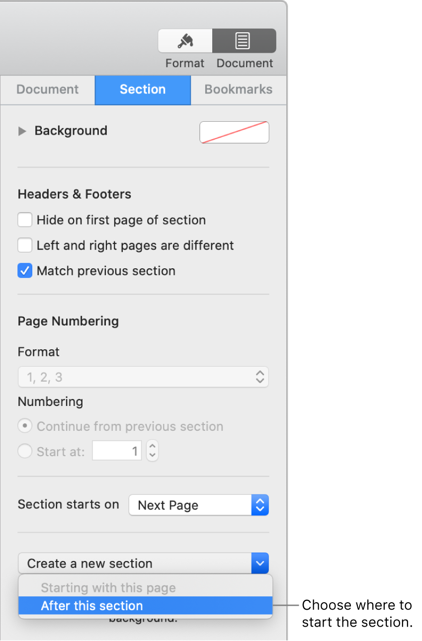 The Document sidebar with the Section tab selected. Near the bottom of the sidebar is a “Section starts on” pop-up menu and a “Create a new section” pop-up menu.