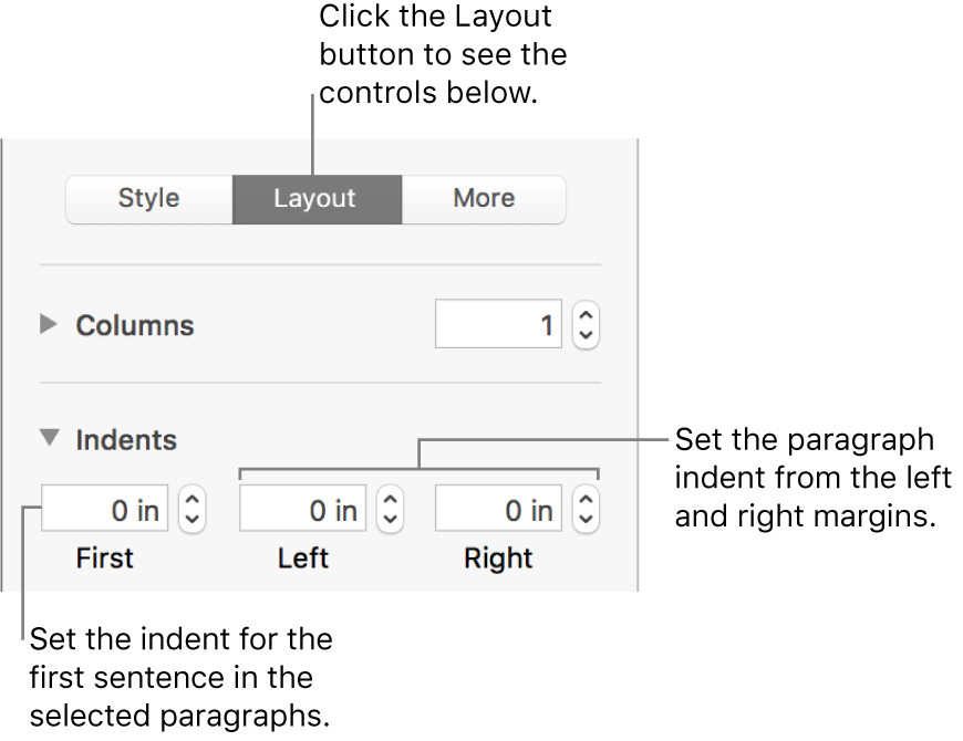 Controls in the Layout section of the Format sidebar for setting first line indent.