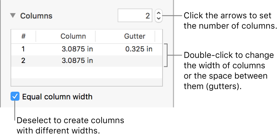 Layout pane of the Format inspector, showing columns controls.