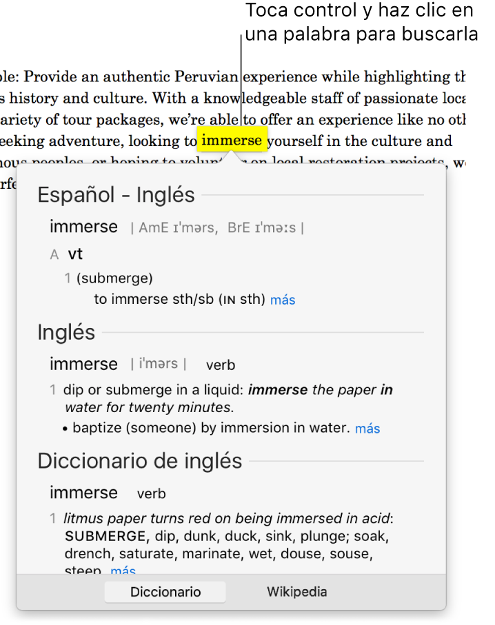 Un párrafo con una palabra resaltada y una ventana que muestra su definición y una entrada de diccionario de sinónimos. Dos botones en la parte inferior de la pantalla proporcionan enlaces al diccionario y a Wikipedia.