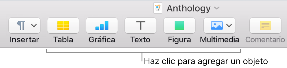 La barra de herramientas de Pages con los botones “Tabla”, “Gráfica”, “Texto”, “Figura” y “Contenido”.