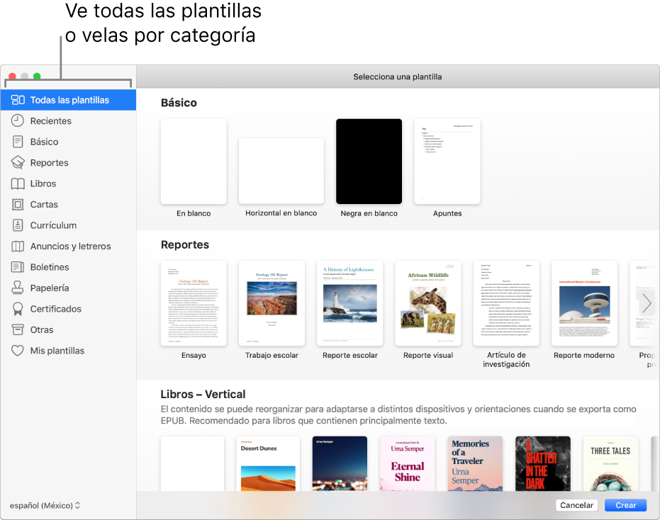 El selector de plantilla. A la izquierda aparece una barra lateral que muestra categorías de plantillas en las que puedes hacer clic para filtrar las opciones. A la derecha, organizadas en filas por categoría, aparecen miniaturas de las plantillas prediseñadas, comenzando con la categoría Nuevas en la parte superior, seguida por las categorías Reportes y Libros— horizontal. El menú desplegable “Idioma y región” se encuentra en la esquina inferior izquierda, y los botones Cancelar y Crear se encuentran en la esquina inferior derecha.