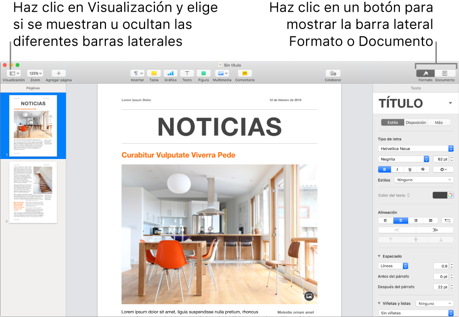 Ventana de Pages con mensajes en el botón del menú Visualización y en los botones Formato y Documento de la barra de herramientas. Barras laterales abiertas a izquierda y derecha.