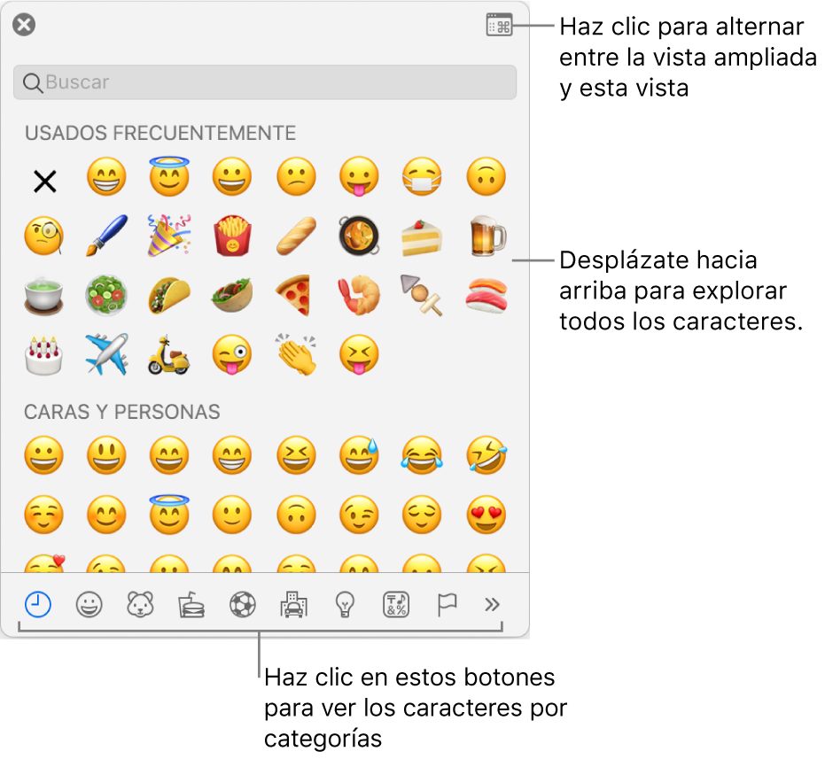 La ventana desplegable “Caracteres especiales” con emotíconos, botones para diferentes tipos de símbolos en la parte inferior y un mensaje en un botón para mostrar la ventana Caracteres completa.
