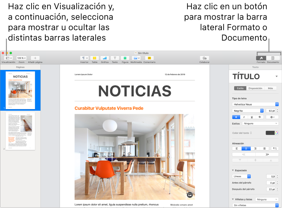 Ventana de Pages con llamadas al botón del menú Visualización y a los botones Formato y Documento de la barra de herramientas. Barras laterales abiertas a izquierda y derecha.