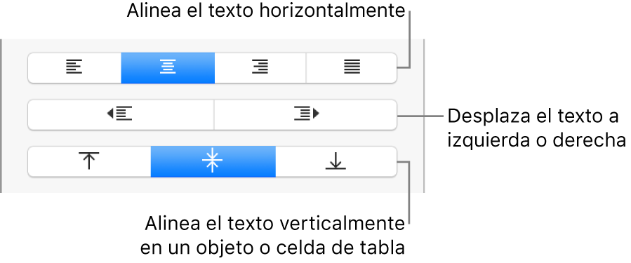 Sección Alineación con llamadas a los botones de alineación de texto y espaciado.
