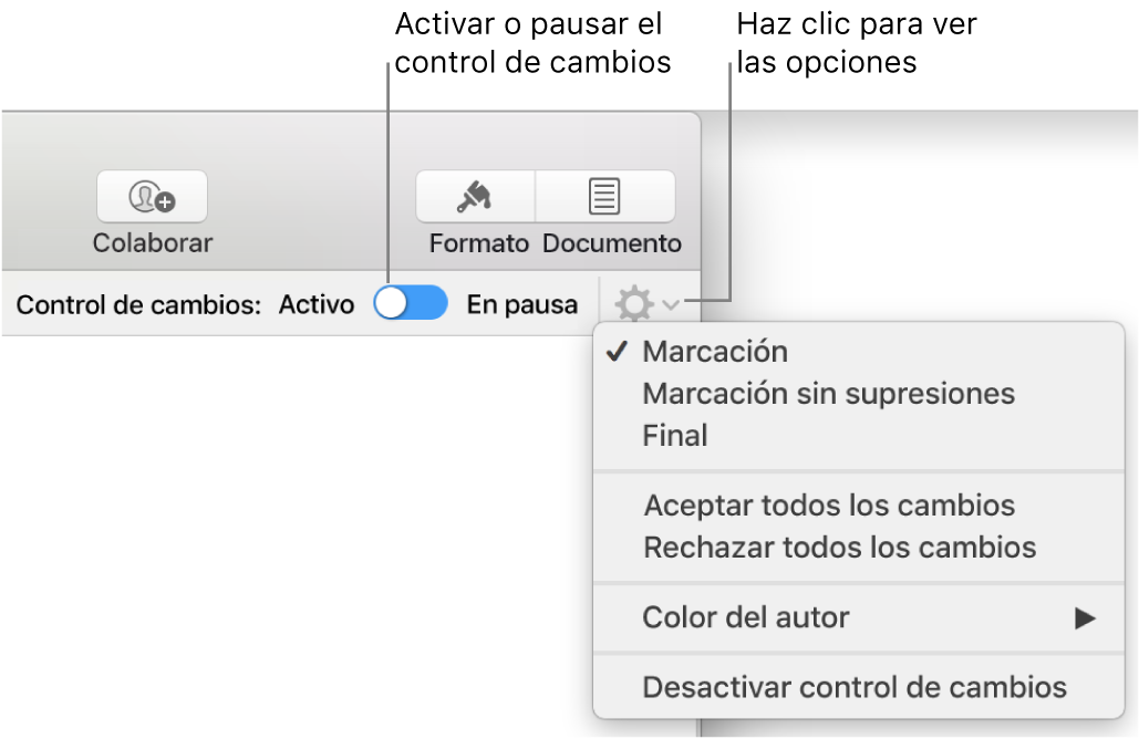 El menú de opciones de control de cambios con “Desactivar control de cambios” en la parte inferior y llamadas a “Control de cambios: Activado” y al botón “En pausa”.