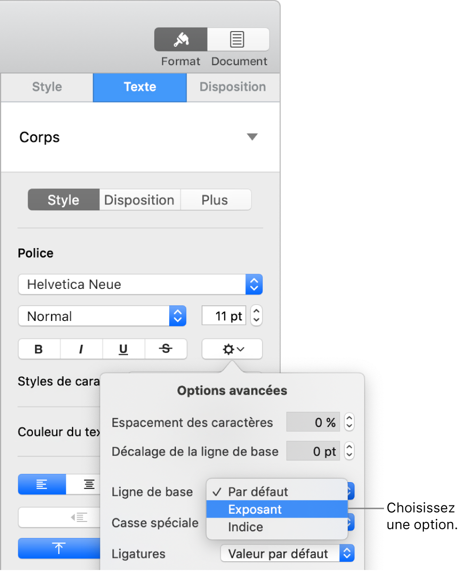 Menu Options avancées avec le menu contextuel Ligne de base ouvert qui affiche les éléments de menu Par défaut, Exposant et Indice.