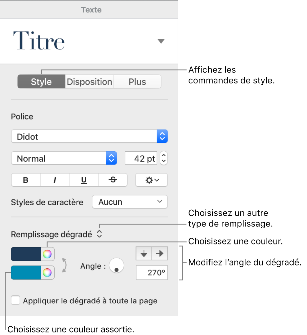 Commandes permettant de choisir des couleurs prédéfinies ou une tout autre couleur.