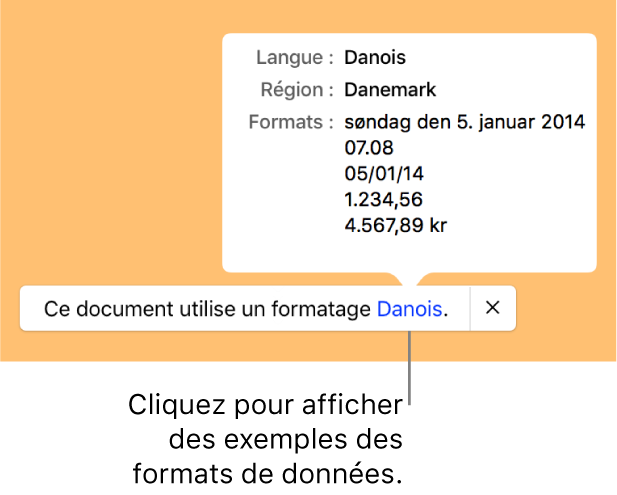 La notification du réglage de langue et de région différent affichant des exemples de la mise en forme correspondant à cette langue et à cette région.