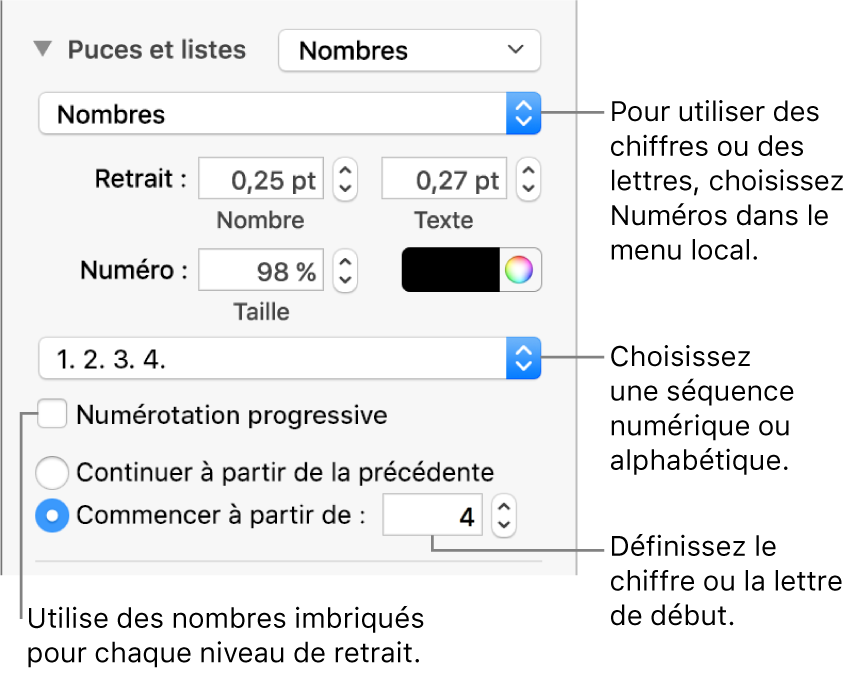 Commandes de modification du style de numérotation et de l’espacement d’une liste.