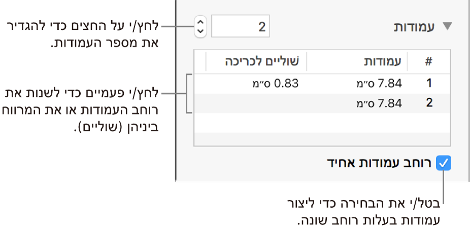 החלונית ״פריסה״ בסוקר ״עיצוב״, המציגה פקדי עמודות.