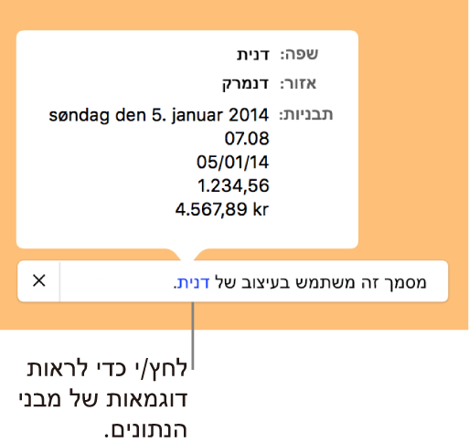 ההודעה לגבי הגדרת השפה והעיצוב השונים, עם דוגמאות של העיצוב בשפה זו ובאזור זה.