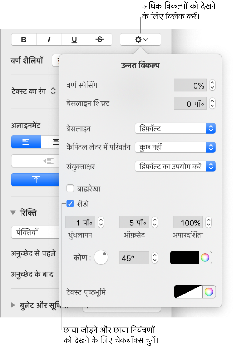 शैडो चेकबॉक्स चयनित तथा ब्लर, ऑफ़सेट, अपारदर्शिता, कोण और रंग सेटिंग के नियंत्रणों वाला खुला उन्नत विकल्प मेनू।