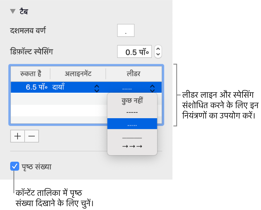 फ़ॉर्मैट साइडबार का टैब सेक्शन। नीचे स्टॉप, अलाइनमेंट और मुख्य कॉलम के साथ डिफ़ॉल्ट रिक्ति एक तालिका है। पृष्ठ संख्या चेकबॉक्स चयनित प्रदर्शित होता है और तालिका के नीचे प्रदर्शित होता है।