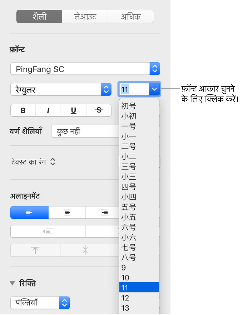 खुले फ़ॉन्ट आकार पॉप-अप मेनू के साथ “फ़ॉर्मैट करें” साइडबार का “शैली” सेक्शन। “चीन” की सरकार द्वारा निर्धारित मानक फ़ॉन्ट आकार मेनू के शीर्ष पर दिखाई देते हैं और नीचे बिंदु आकार प्रदर्शित होते हैं।