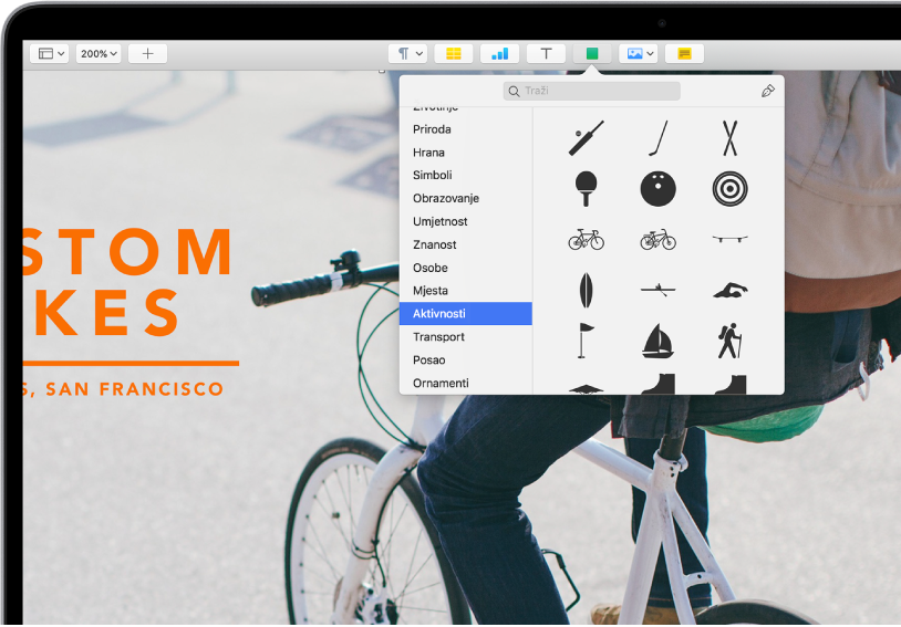 Alatna traka sa tipkama za dodavanje tablica, grafikona, tekstualnih okvira, oblika i medija. Odabran je Oblik i prikazuje odabranu kategoriju Aktivnosti u rubnom stupcu s lijeve strane i oblike s desne.