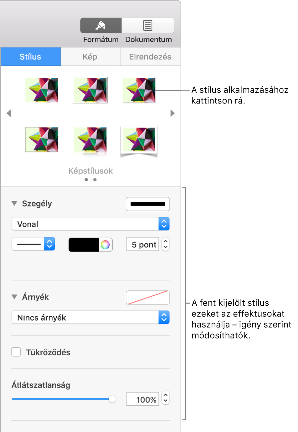 A Formátum oldalsáv Stílus lapja az objektumstílus-beállításokkal.