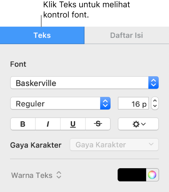 Bar samping Format dengan tab Teks dipilih dan kontrol font untuk mengubah font, ukuran font, serta menambahkan gaya karakter.