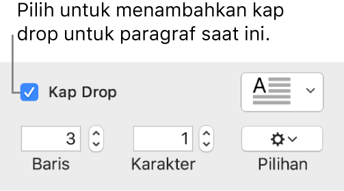 Kotak teks Kap Drop dipilih, dan menu pop-up muncul di kanannya; kontrol untuk mengatur tinggi garis, jumlah karakter, dan pilihan lainnya muncul di bawahnya.