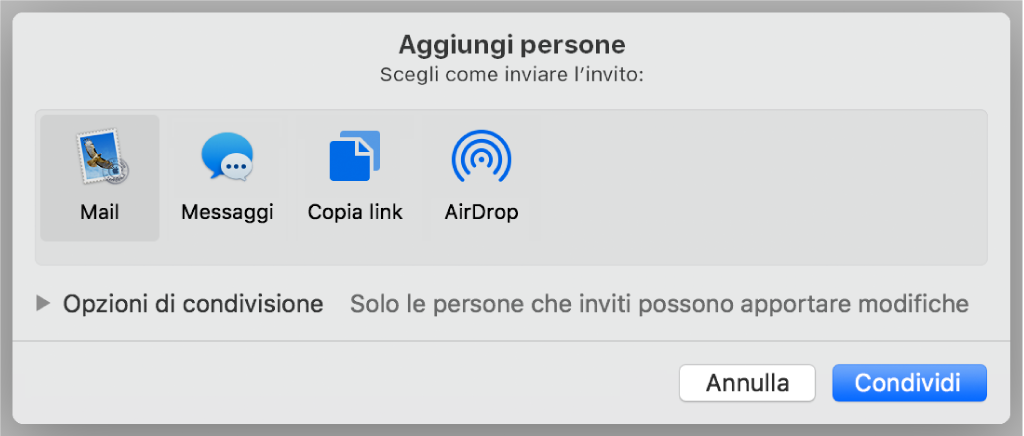 Finestra delle impostazioni di collaborazione con un pulsante Condividi nella parte inferiore.