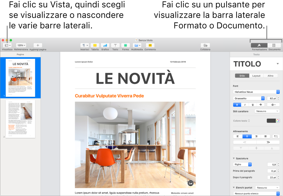 La finestra di Pages con le didascalie nel pulsante menu Vista e nei pulsanti Formato e Documento nella barra degli strumenti. Le barre laterali sono aperte a sinistra e destra.