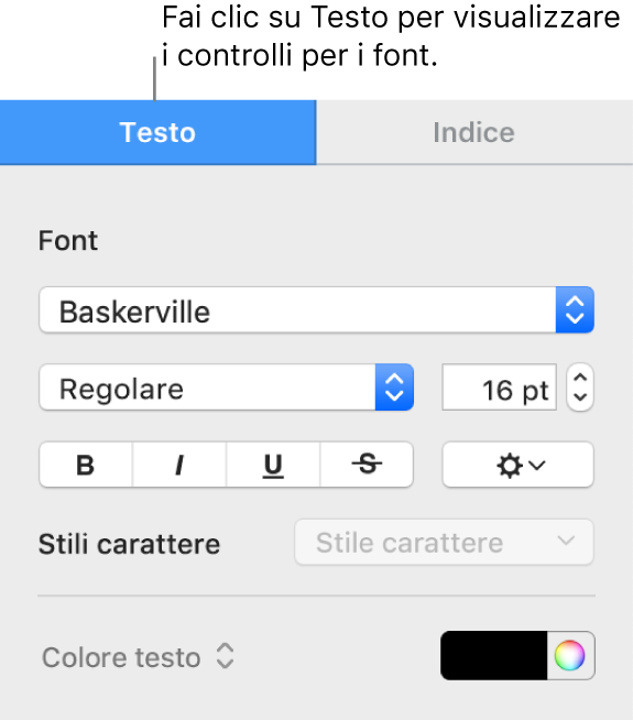La barra laterale Formato con il pannello Testo selezionato e i controlli del font per modificare il font, la dimensione del font e aggiungere stili di carattere.