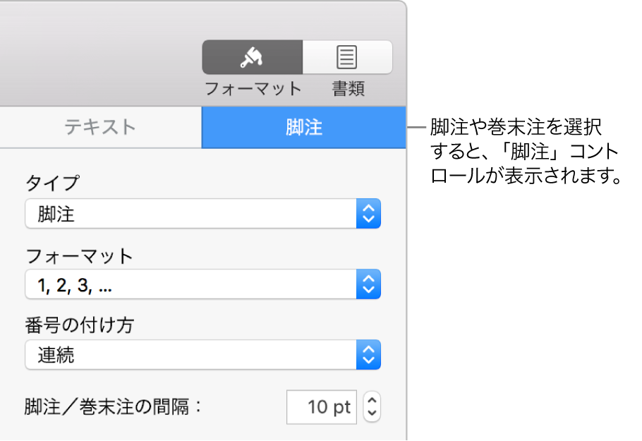 「脚注」パネル。「タイプ」、「フォーマット」、「番号の付け方」、および注釈の間隔のポップアップメニューが表示された状態。