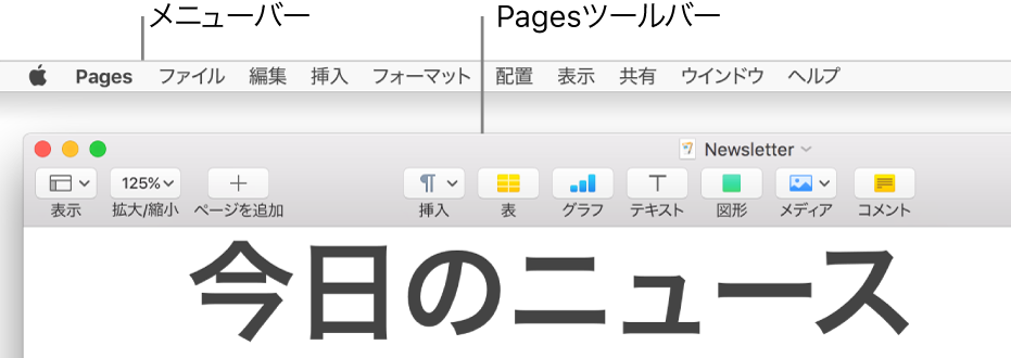 アップルメニューと「Pages」メニューが左上隅とその下に表示されているメニューバー、左上隅に「表示」および「拡大/縮小」があるPagesツールバー。